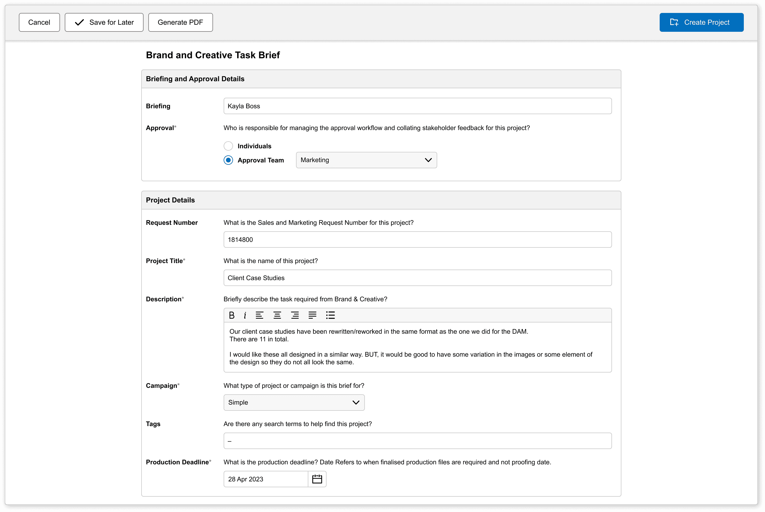 Admation: Online Brief - Create Project